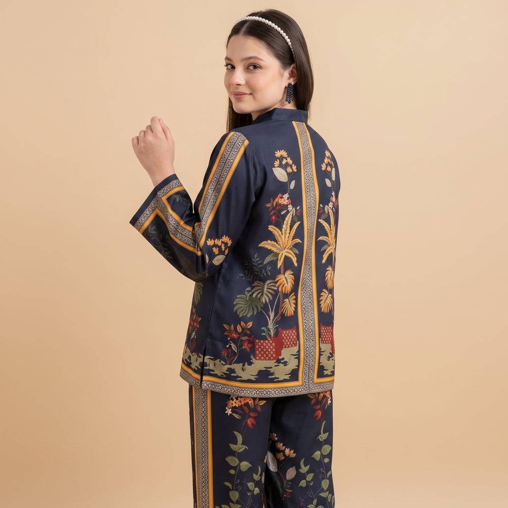 Navy Floral Embroidered 2 Piece Unstitched Suit – Silk