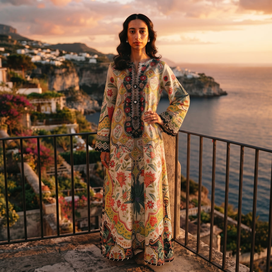 Ivory Floral Paisley Print Maxi Kaftan Dress – Swiss Lawn