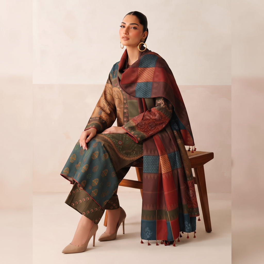 3-Piece Digital Printed Embroidered Suit with Shawl – Silk