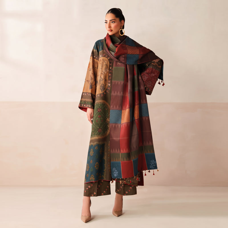 3-Piece Digital Printed Embroidered Suit with Shawl – Silk