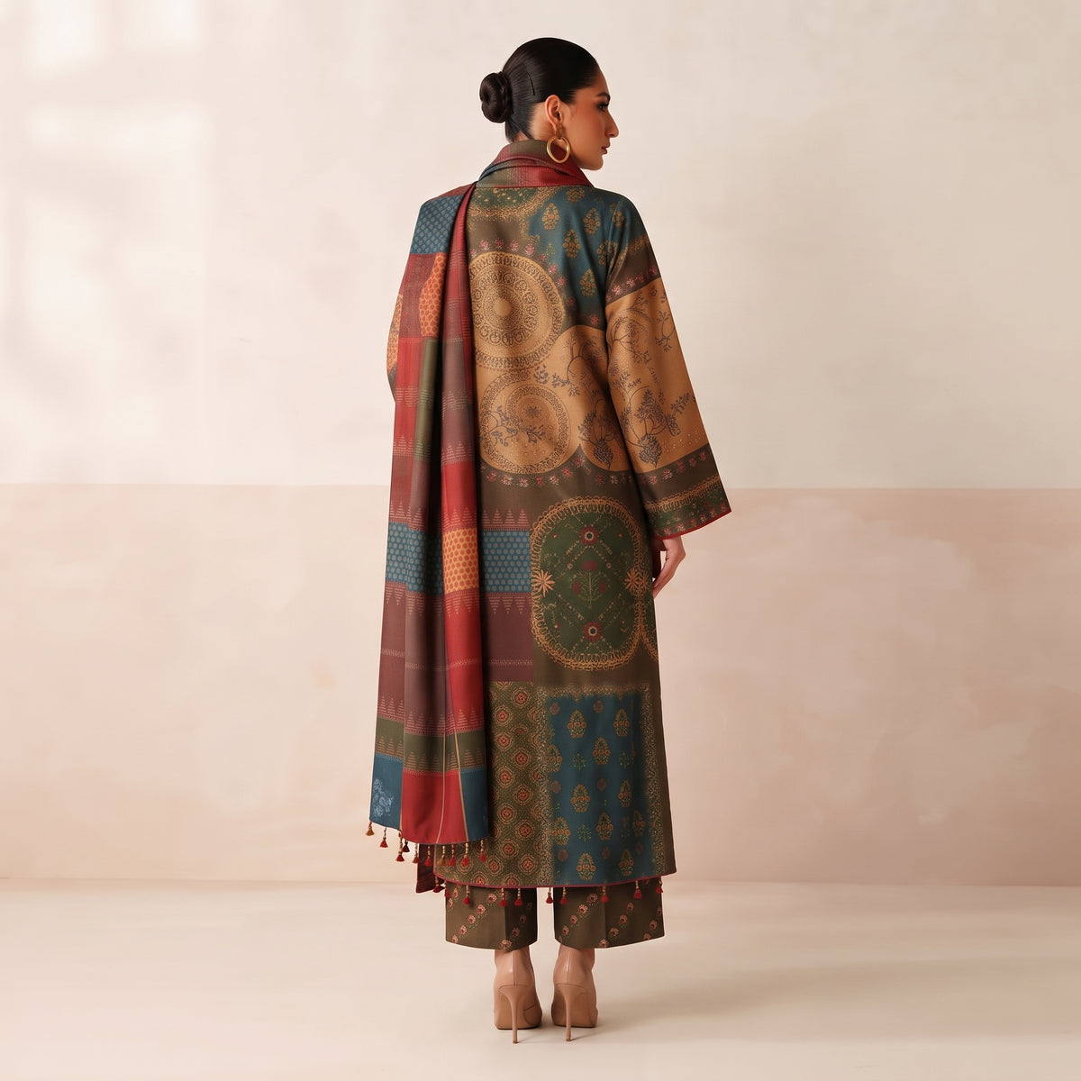 3-Piece Digital Printed Embroidered Suit with Shawl – Silk