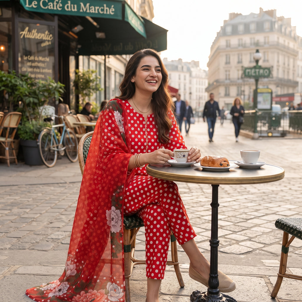 Red Polka Dot Kurta Set with Floral Dupatta – Bana Dora