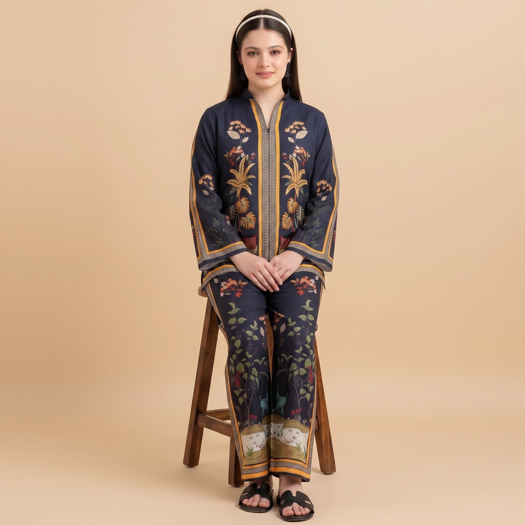Navy Floral Embroidered 2 Piece Unstitched Suit – Silk