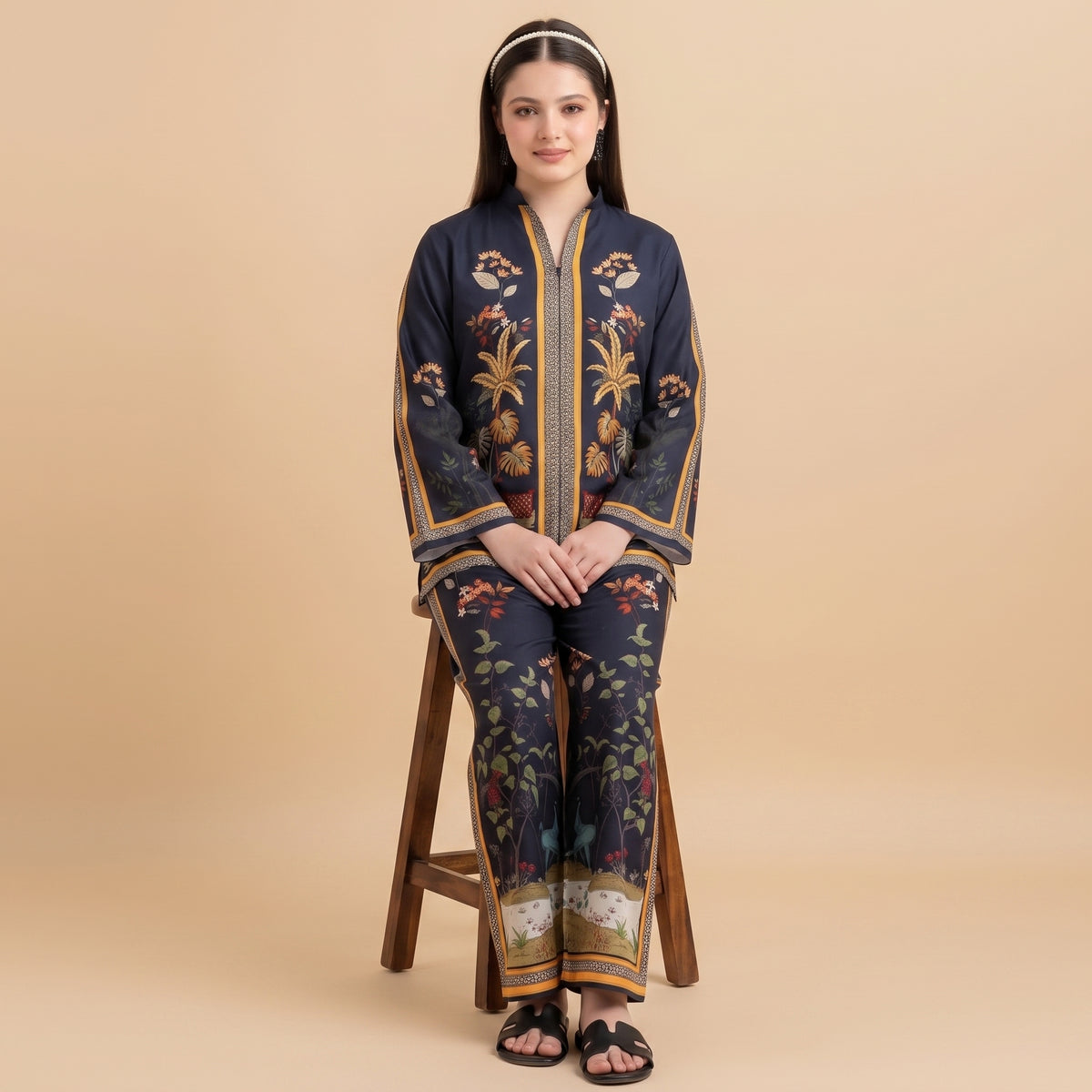 Navy Floral Embroidered 2 Piece Unstitched Suit – Silk