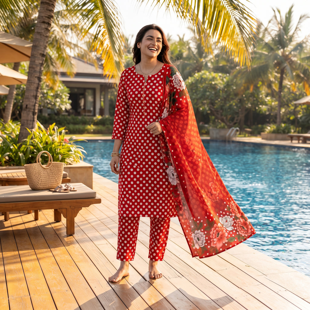 Red Polka Dot Kurta Set with Floral Dupatta – Bana Dora