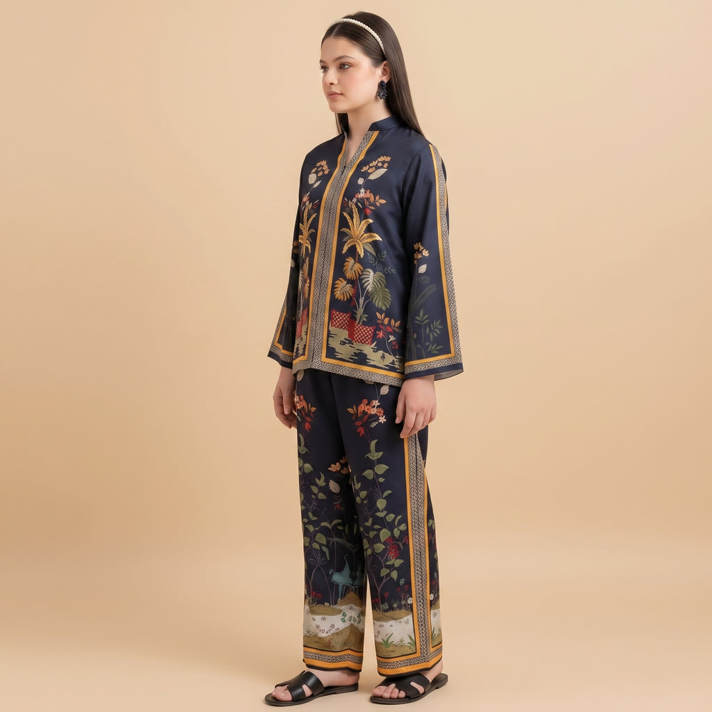 Navy Floral Embroidered 2 Piece Unstitched Suit – Silk