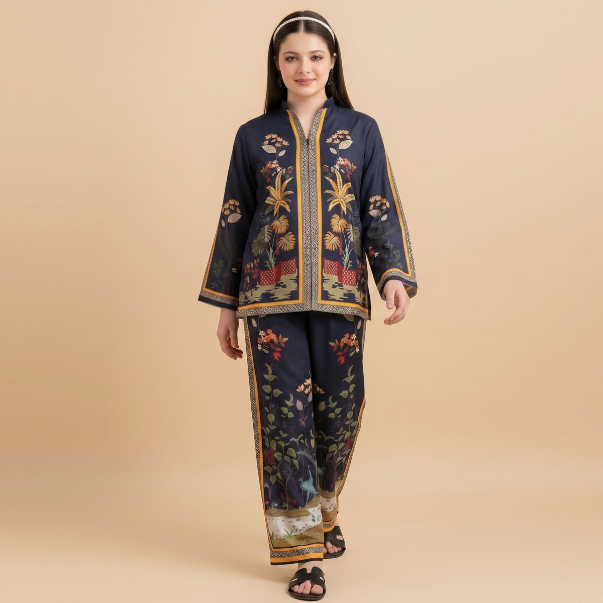 Navy Floral Embroidered 2 Piece Unstitched Suit – Silk