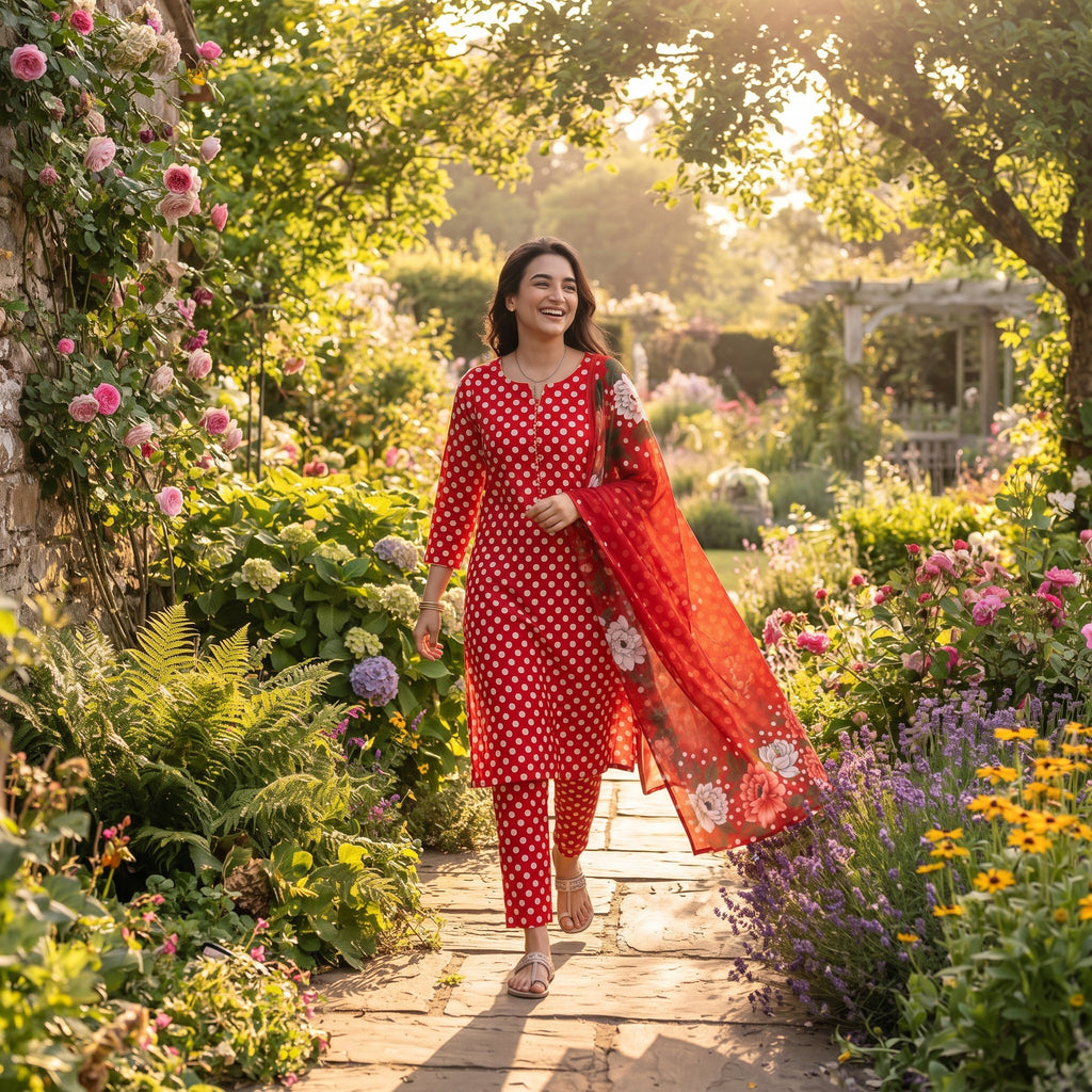 Red Polka Dot Kurta Set with Floral Dupatta – Bana Dora