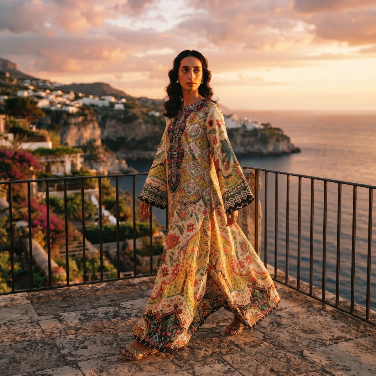 Ivory Floral Paisley Print Maxi Kaftan Dress – Swiss Lawn