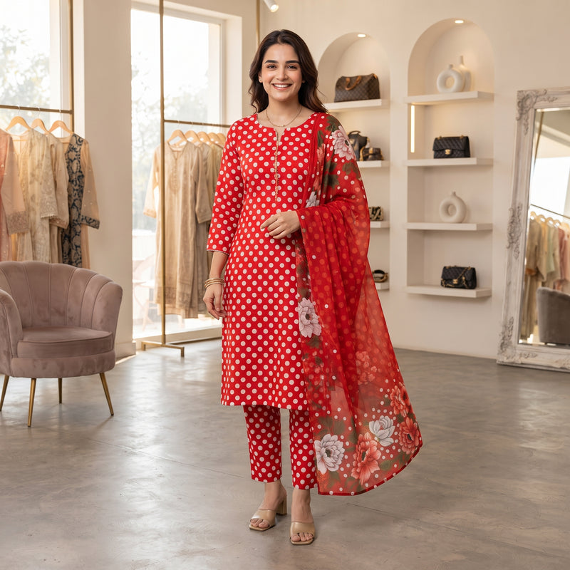 Red Polka Dot Kurta Set with Floral Dupatta – Bana Dora