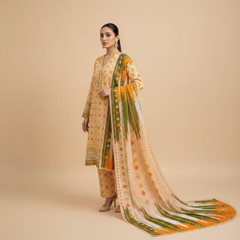 Peach Geometric Lawn 3-Piece Suit – Swiss Lawn