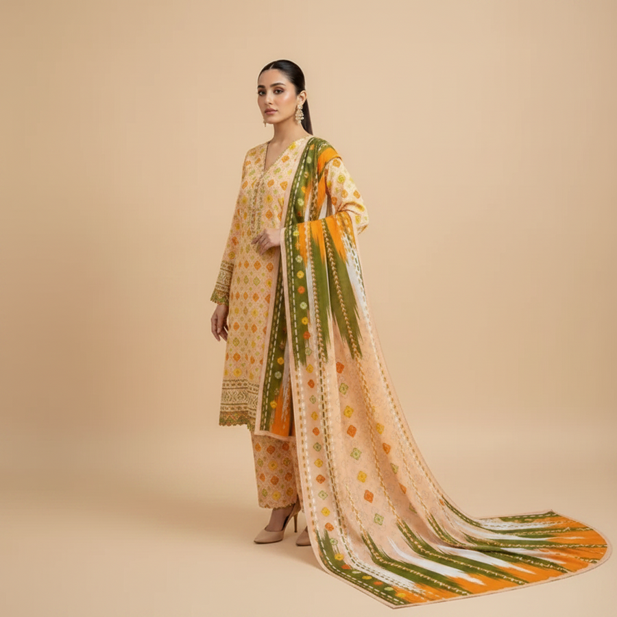 Peach Geometric Lawn 3-Piece Suit – Swiss Lawn