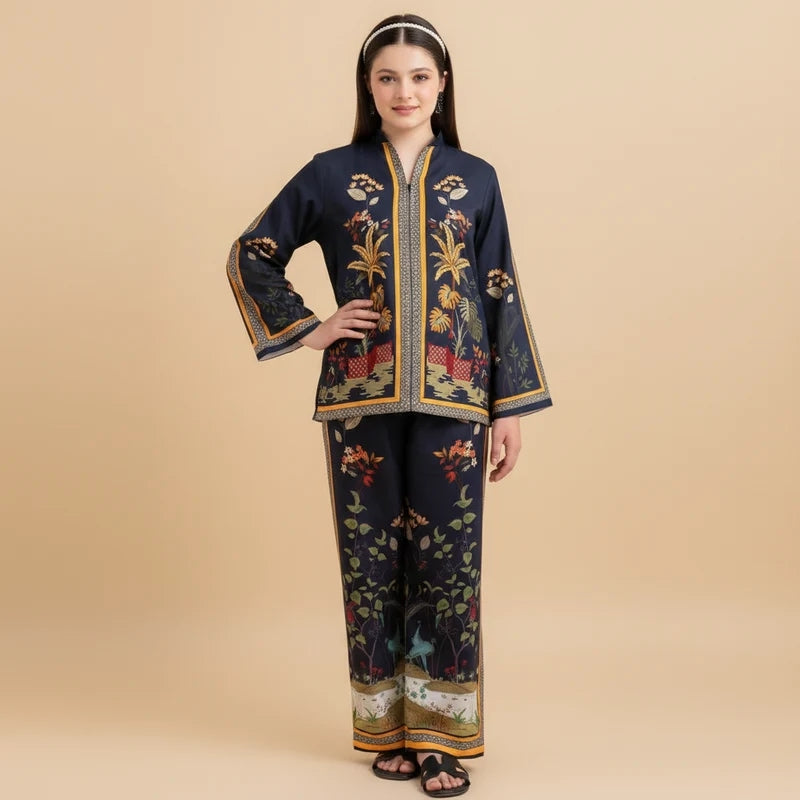 Navy Floral Embroidered 2 Piece Unstitched Suit – Silk