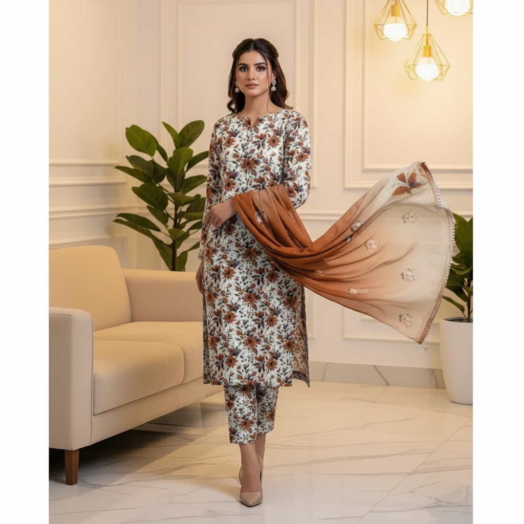 White Floral Suit - Walking Pose