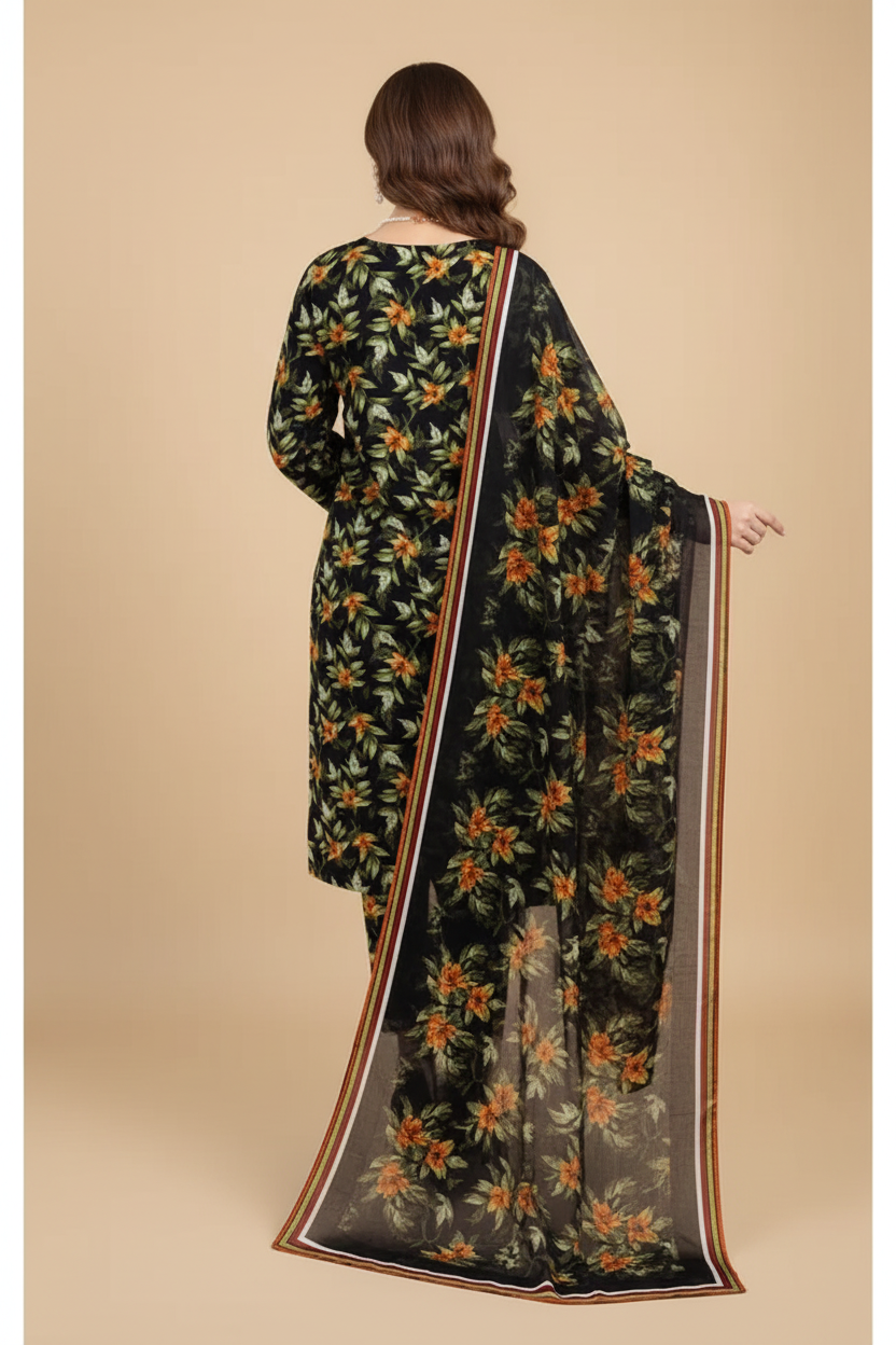 Black Floral 3-Piece Suit - Back Pose