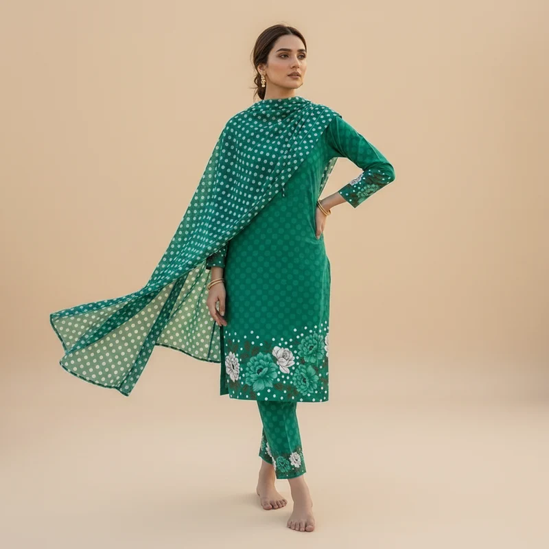 Teal Green Bandhani 3-Piece Suit - Original