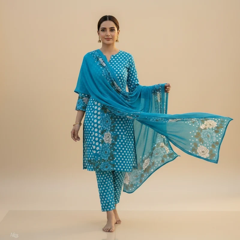 Sky Blue Polka Dot Floral 3-Piece Suit - Original