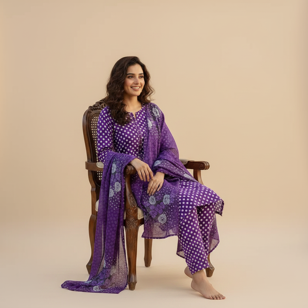 Purple Polka Dot 3-Piece Suit - Sitting Pose