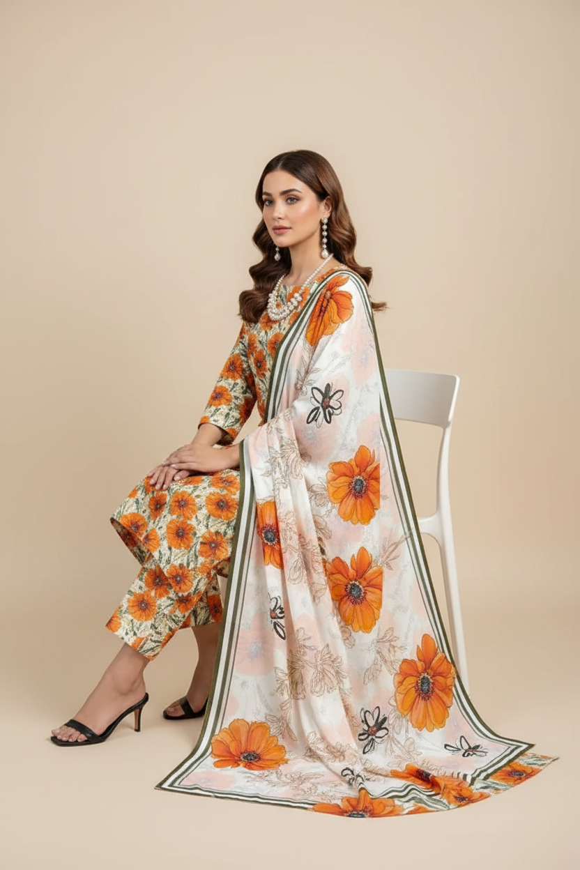 Orange Blossom Floral Lawn Suit - Sitting Pose