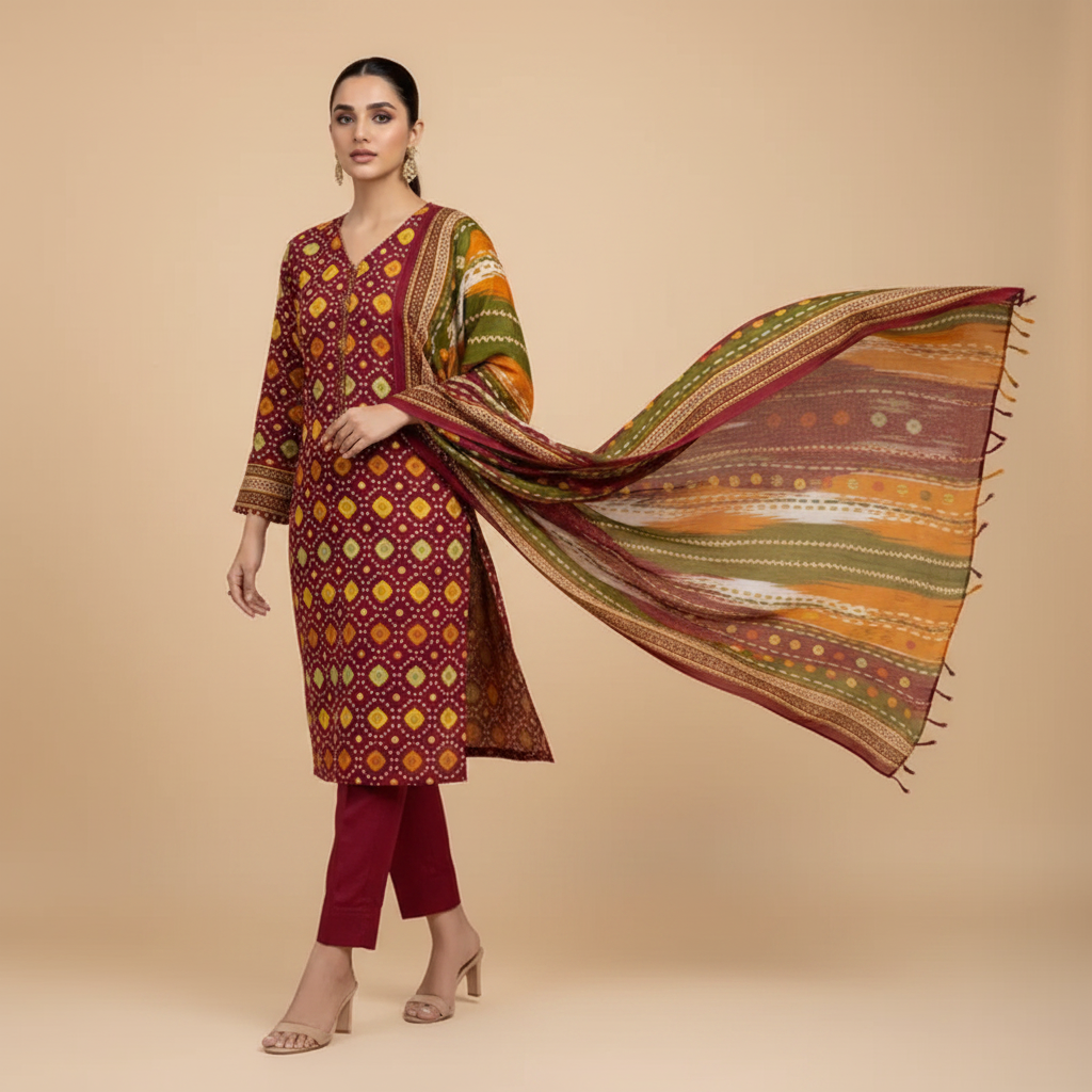 Maroon Bandhani Suit - Walking Pose
