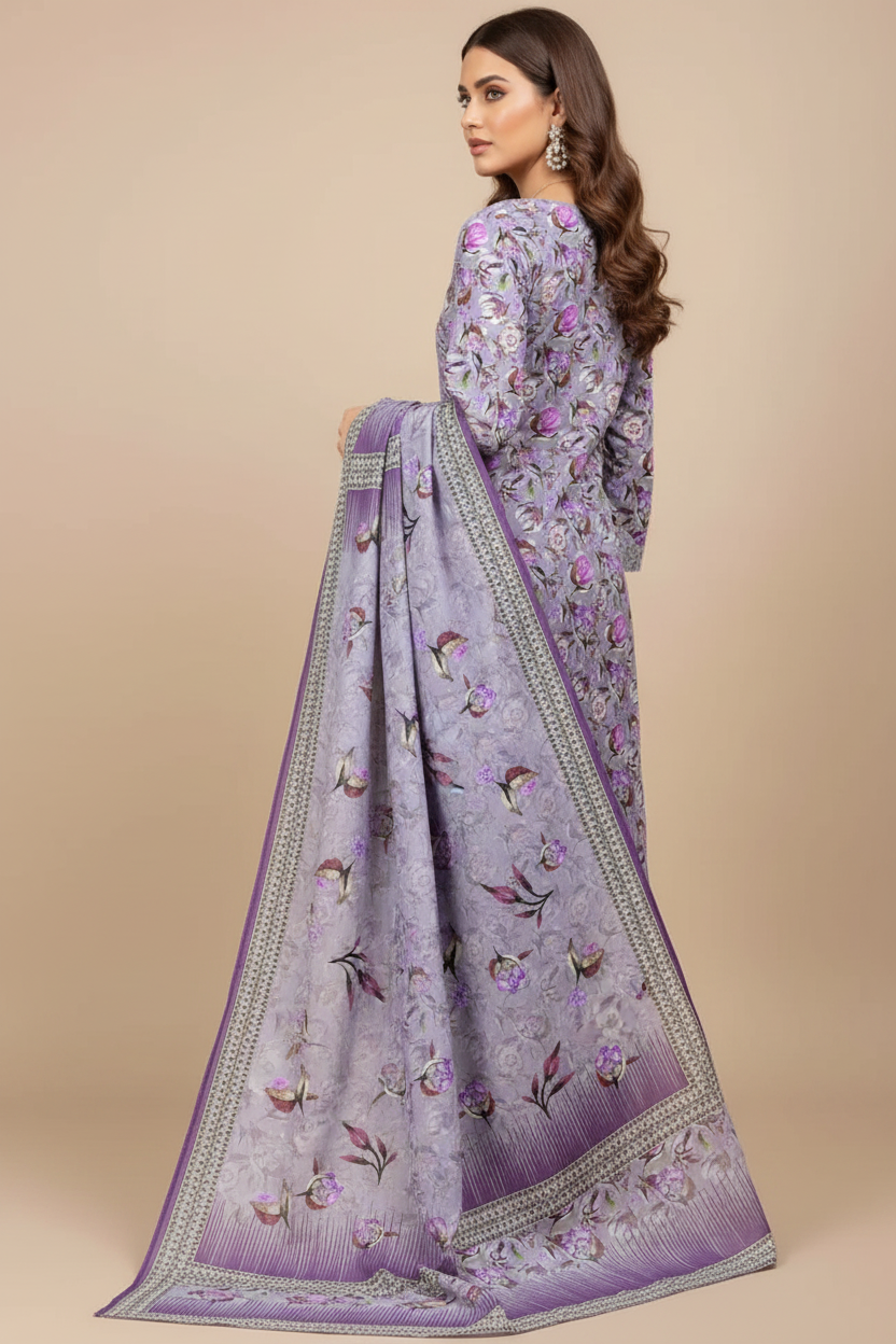 Lavender Purple Floral Lawn Suit - Three Quarter