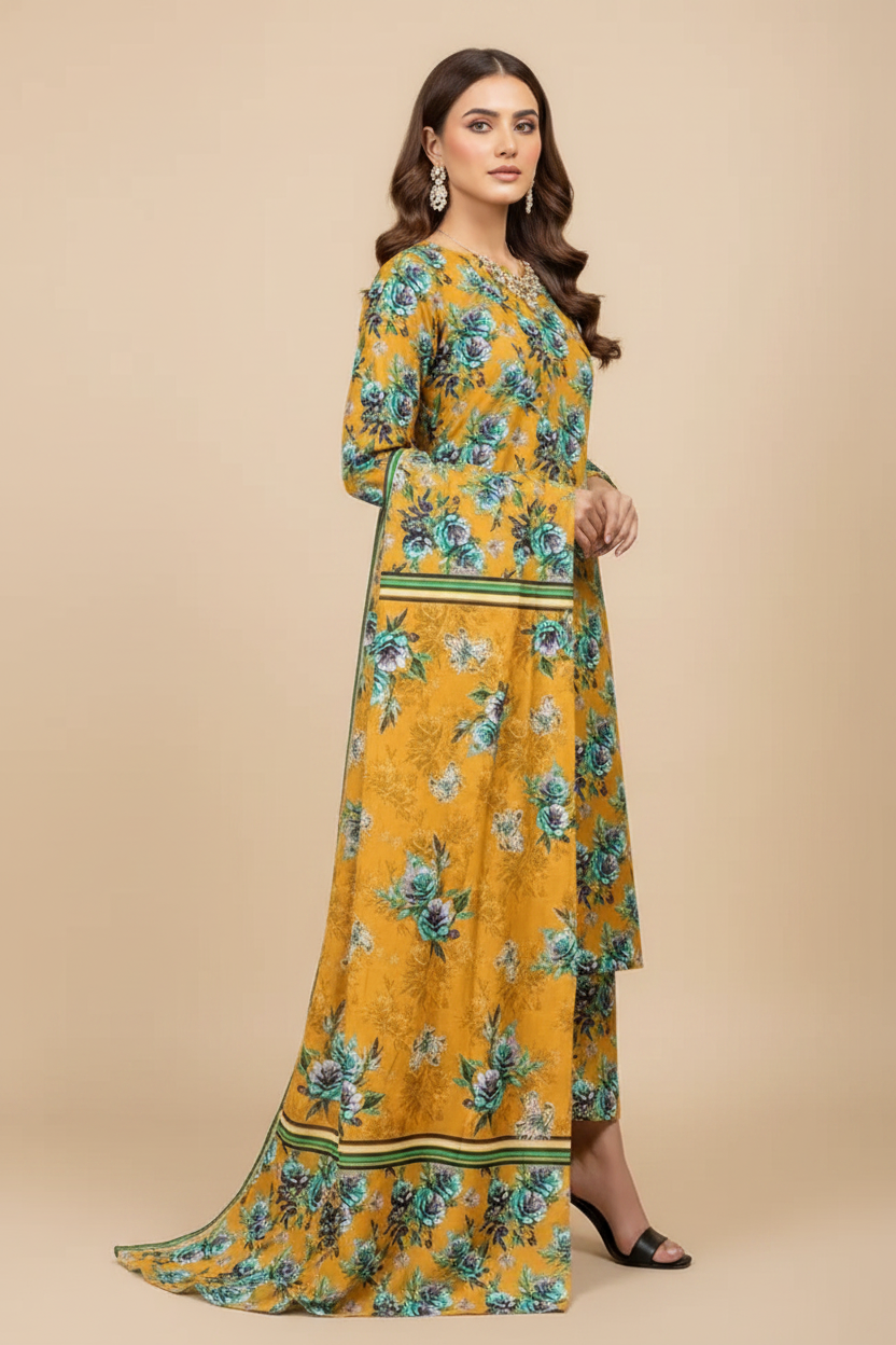 Mustard Yellow Teal Floral Lawn Suit - Side Profile