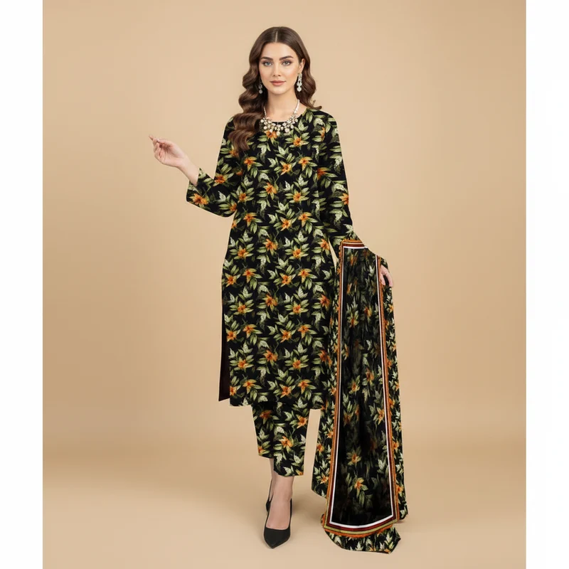 Black Floral Printed 3-Piece Suit - Kameez Trouser Dupatta