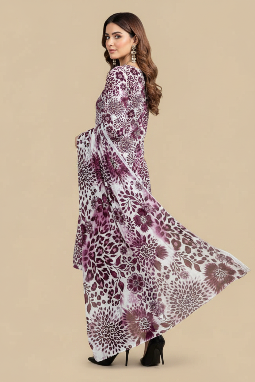 White Plum Dahlia Floral Lawn Suit - Three Quarter