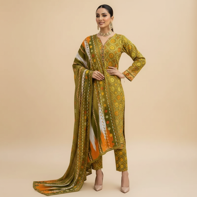 Olive Green Bandhani 3-Piece Suit - Front Pose