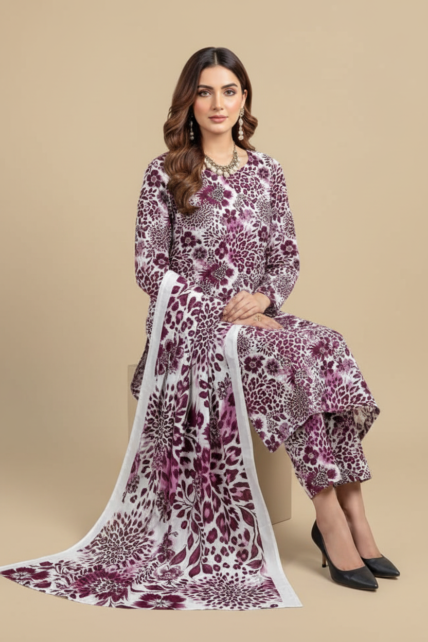 White Plum Dahlia Floral Lawn Suit - Sitting Pose