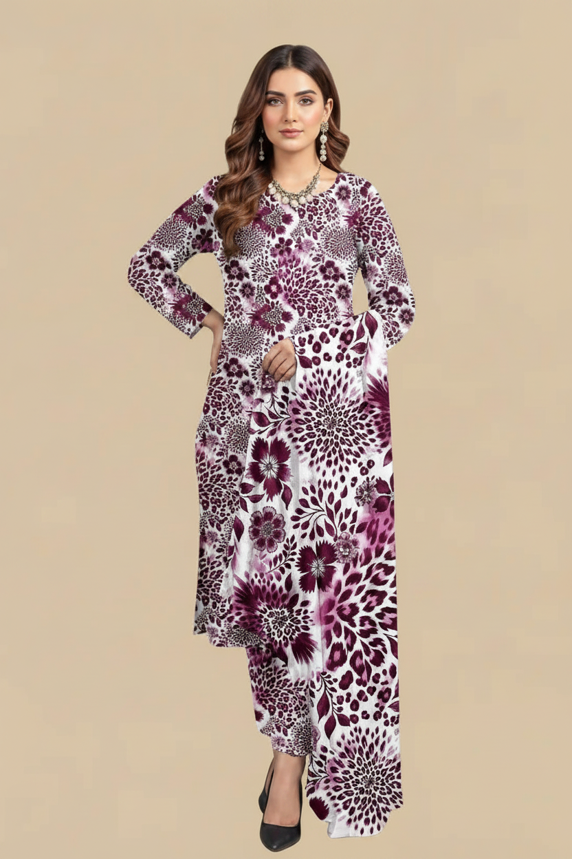 White Plum Dahlia Floral Lawn Suit - Front Pose