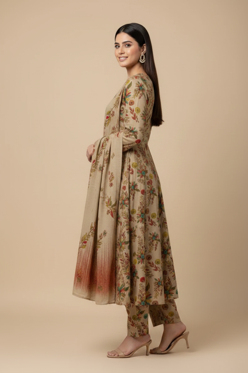 Beige Floral Suit - Side Pose