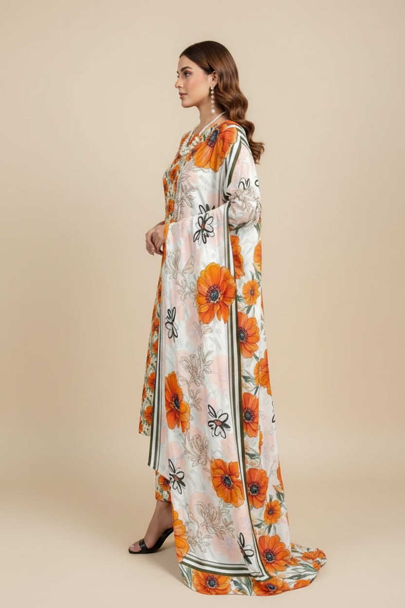 Orange Blossom Floral Lawn Suit - Side Profile