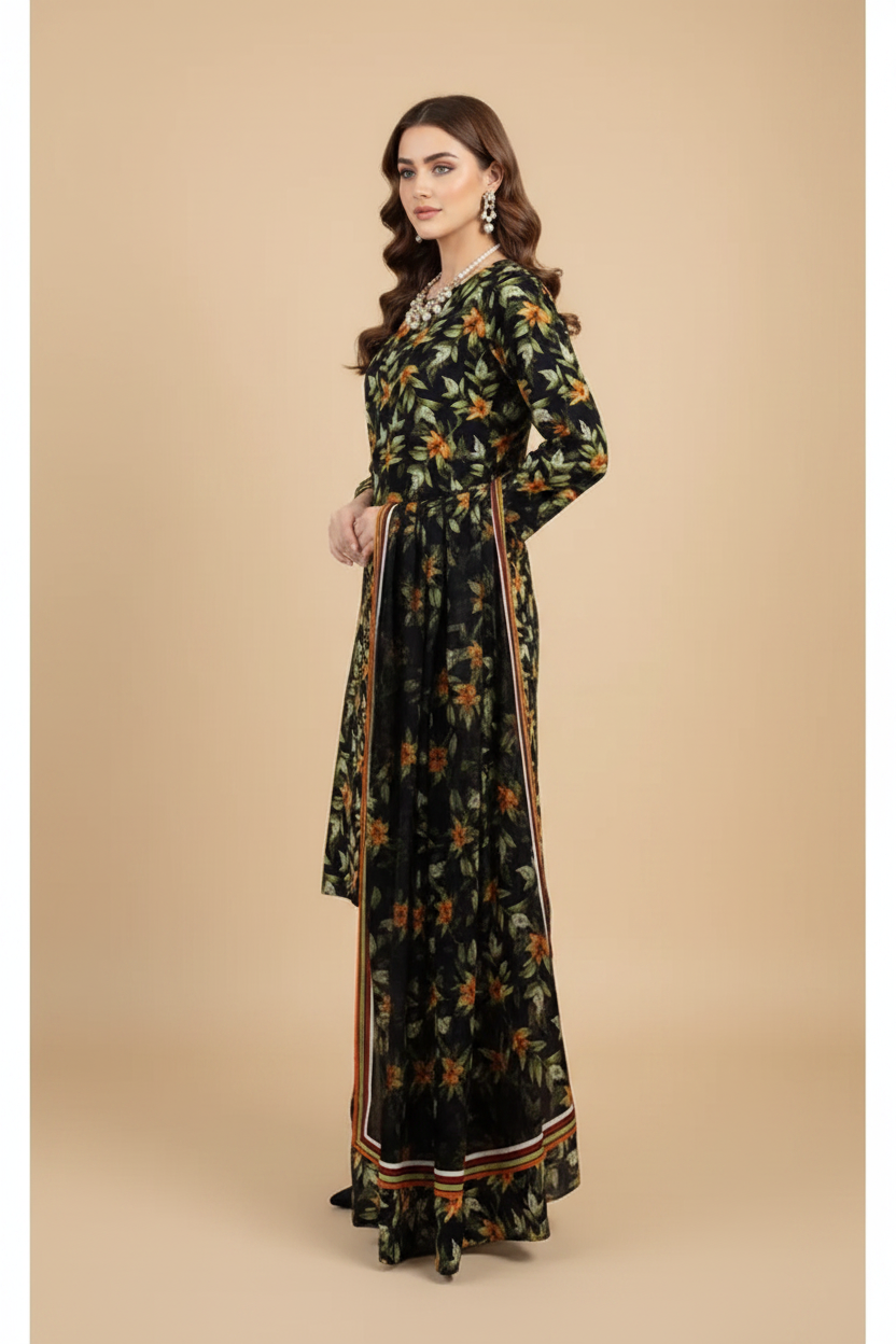 Black Floral 3-Piece Suit - Side Pose