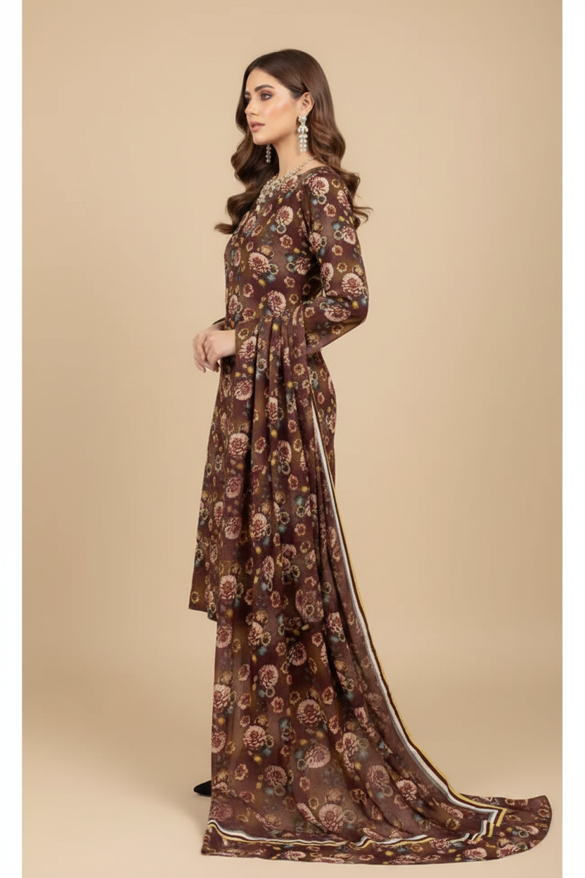 Chocolate Brown Dahlia Floral Lawn Suit - Side Profile