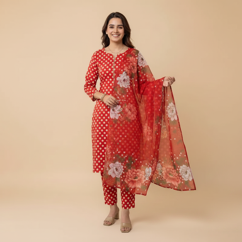 Red Polka Dot 3-Piece Suit - Front Pose