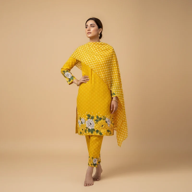 Mustard Yellow Bandhani 3-Piece Suit - Original
