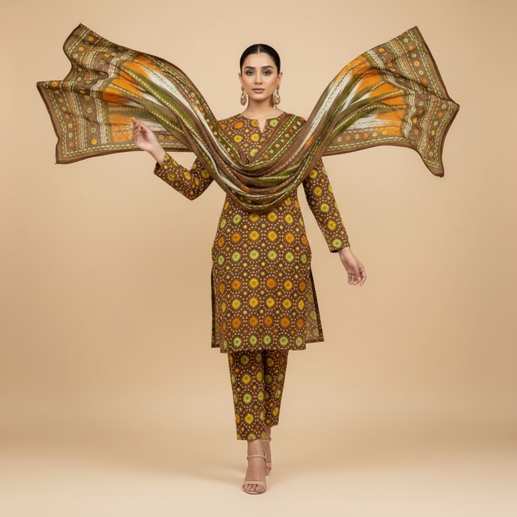 Brown Bandhani Suit - Walking Pose