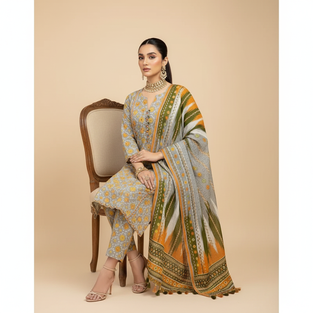 Grey Floral Suit - Sitting Pose