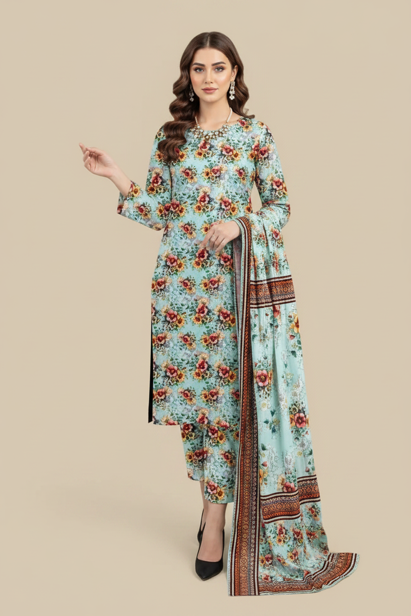 Mint Green Floral Lawn 3-Piece Suit - Pose 1