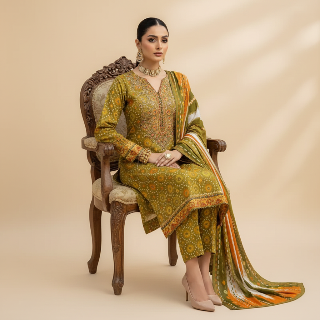 Olive Green Bandhani 3-Piece Suit - Sitting Pose