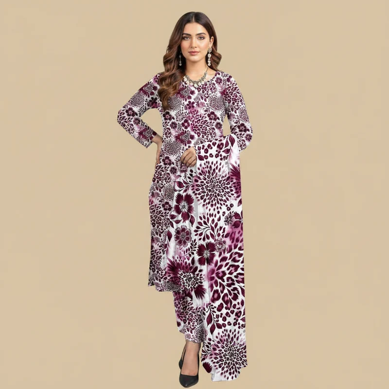 White Plum Dahlia Floral Lawn 3-Piece Suit - Original Photo