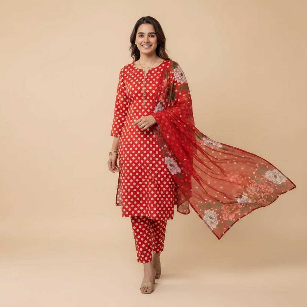 Red Polka Dot 3-Piece Suit - Walking Pose
