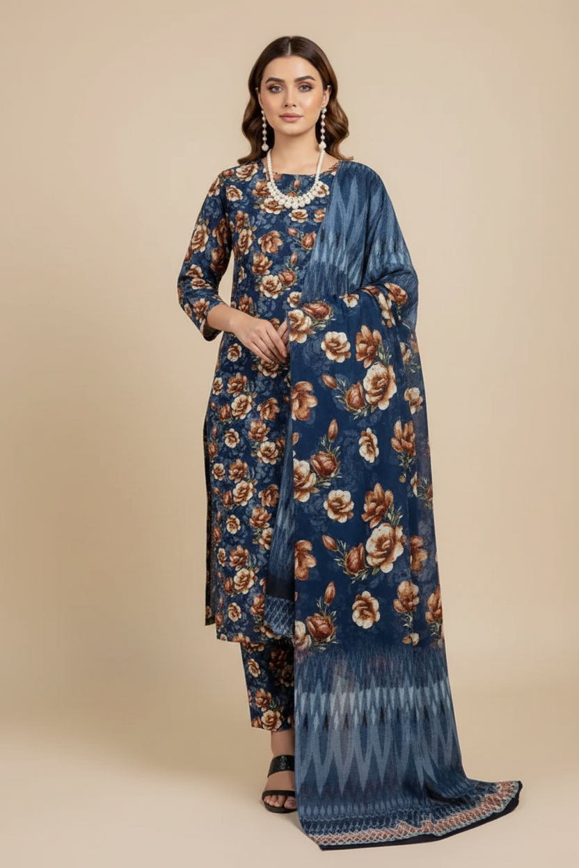 Navy Blue Rose Floral Lawn Suit - Front Pose