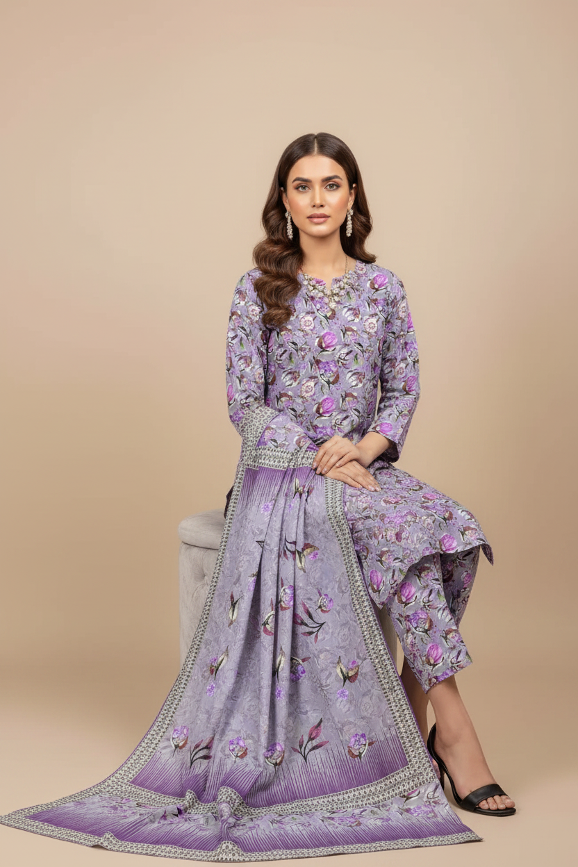 Lavender Purple Floral Lawn Suit - Sitting Pose