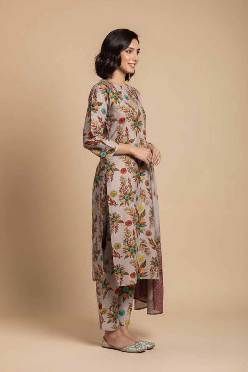 Grey Floral Suit - Side Pose
