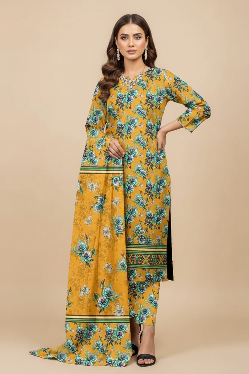 Mustard Yellow Teal Floral Lawn Suit - Front Pose