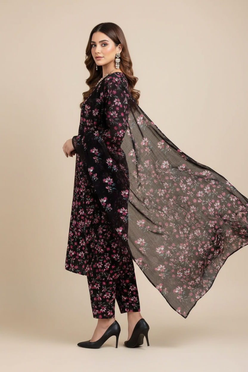 Black Pink Floral Lawn Suit - Three Quarter
