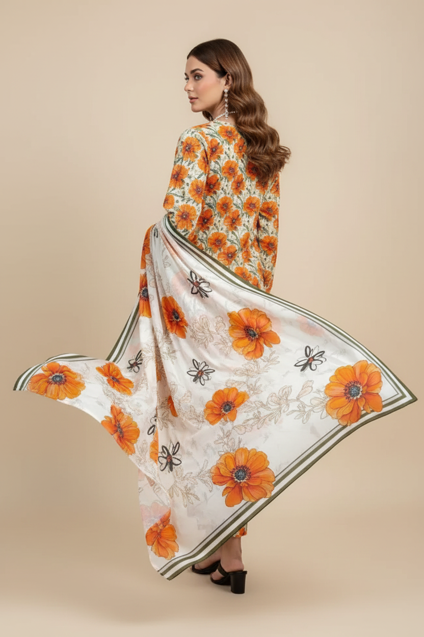 Orange Blossom Floral Lawn Suit - Three Quarter