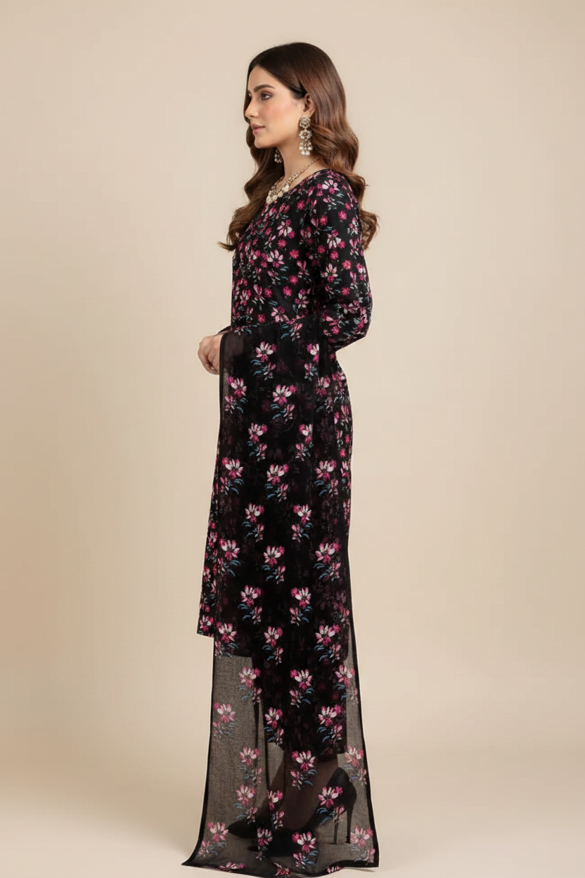 Black Pink Floral Lawn Suit - Side Profile